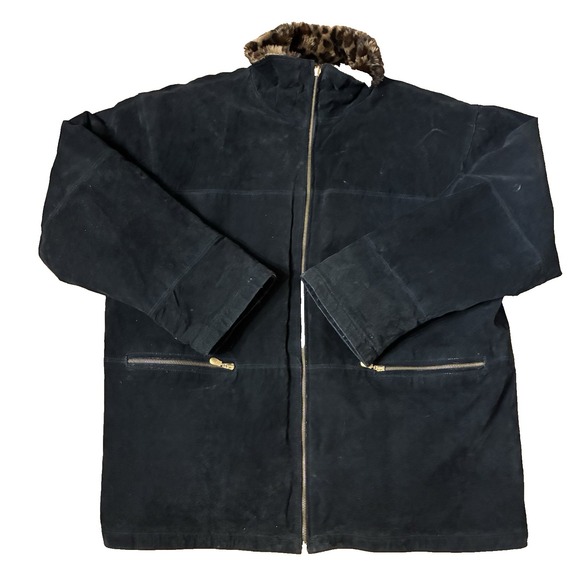 Basic Editions Jackets & Blazers - Vintage 90s Basic Editions Faux Fur Suede Jacket Leopard Lined Black Womens 2X